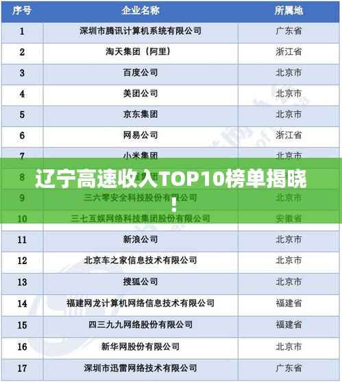 辽宁高速收入TOP10榜单揭晓!